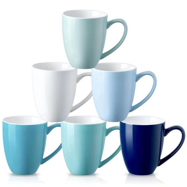 Porcelain Coffee Mugs Set of 6, 12 Ounce Coffee Cups with Handle, Ceramic Tea Mugs for Latte, Hot Tea, Cappuccino, Mocha, Cocoa, Blue Assorted Colors Mug Gift Set, Dishwasher and Microwave Safe