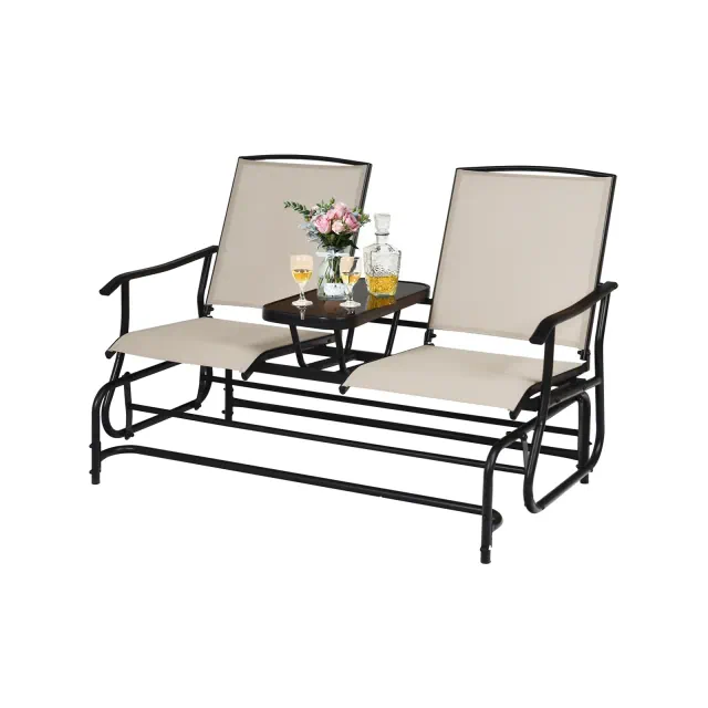 Costway 2 Person Patio Double Glider Steel Frame Loveseat Rocking with Center Table