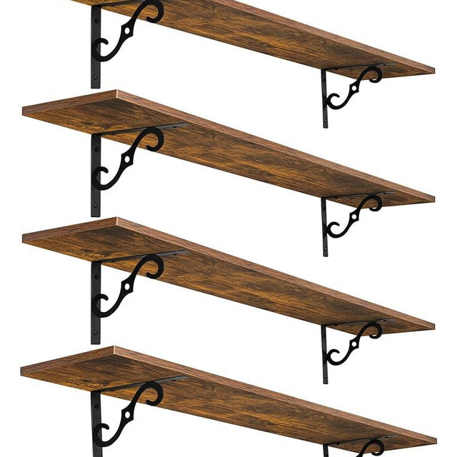 DINZI LVJ Long Wall Shelves, 47.3" Large Floating Shelves Set of 4, Farmhouse Display Shelf Wall Mounted with Heavy Duty Brackets, Easy Assembly for Kitchen, Bathroom, Bedroom, Balcony, Rustic Brown