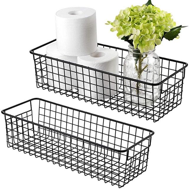 Farmhouse Decor Metal Wire Storage Organizer Bin Basket(2 Pack) - Rustic Toilet Paper Holder - Home Storage Organizer for Bathroom, kitchen cabinets,Pantry, Laundry Room, Closets, Garage (Black)