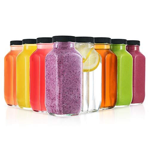 8 Ounce Glass Drink Bottles, Pack of 12 Glass Water Bottles with Lids, Great for storing Juices, Smoothies, beverages, Kombucha and More, Quality Material - Dishwasher Safe (12 Pack)