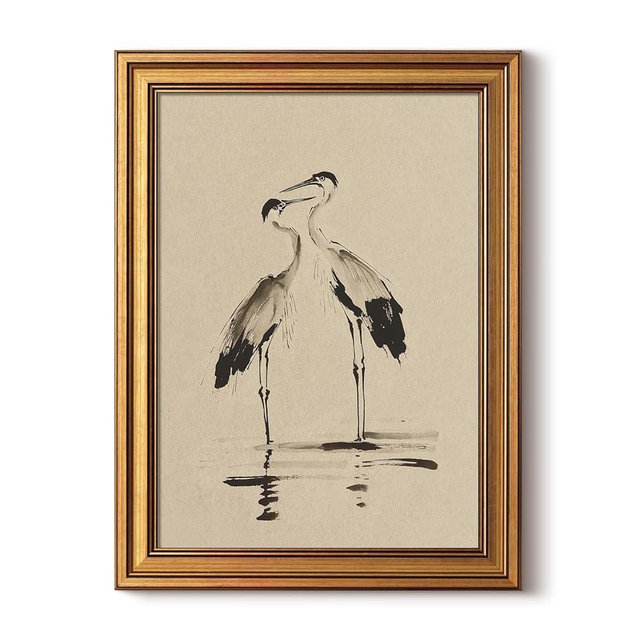 WHASAYART Gold Framed Vintage Wall Art for Living Room, Animals Painting Prints Shelf Decor for Kitchen, Aesthetic Bedroom Wall Art, Best Gifts for Friends or Family - Two Cranes 16L x 12W