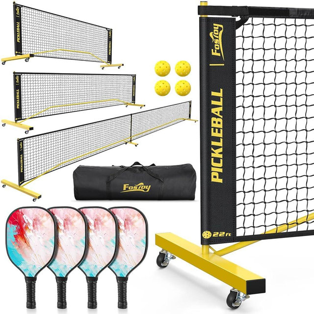 Pickleball Set Net with 4 Paddles, 6FT/11FT/22FT Portable 3-in-1 Pickle Ball Net with Carry Bag, Pickleballs, Designed for All Weather Conditions
