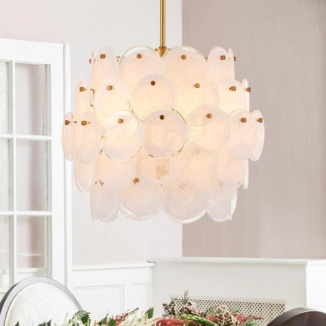 VANZARLA Dia 16.5 Inch, Modern Glass Chandelier for Foyer, Gold Dining Room Light Fixture, Large Vintage Pendant Chandelier for Bedroom Entryway Farmhouse