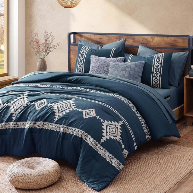 MAIREVE Embroidery King Size Comforter Set Navy Blue, Boho Farmhouse Western Bedding Set 7 Pieces, All Season Bed in A Bag Comforter Set with Sheets, Pillowcases & Shams