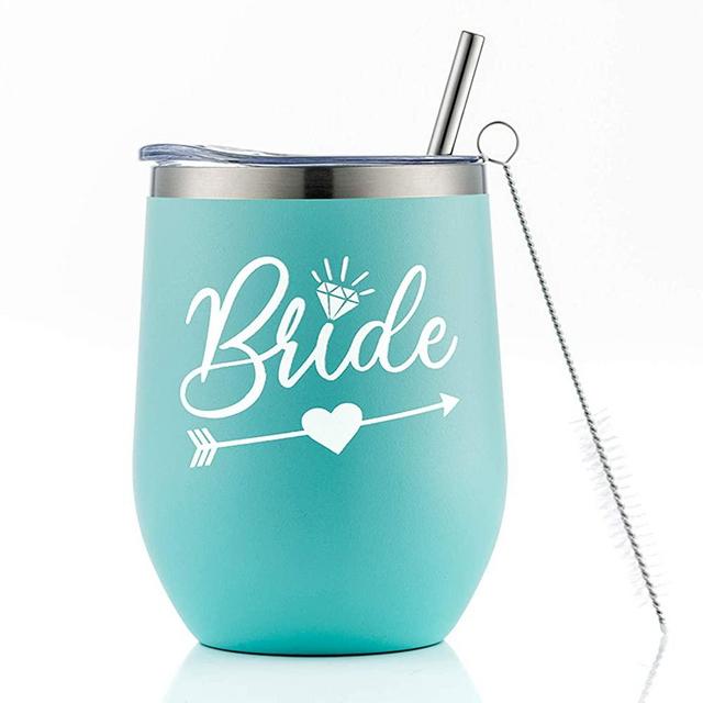 Bride Wine Tumbler | 12 oz Tumbler Cup with Lid and Straw | Funny Personalized Gifts for Bride To Be, Wedding, Engagement, Bridal Shower Bachelorette and Bridesmaids Party Supplies Decorations，AMTANT