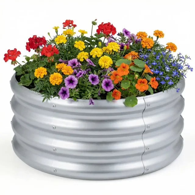 Costway 1 PCS 24” x 24” x 11.5” Galvanized Raised Garden Bed, Round Outdoor Planter Box with Open-Ended Base Sliver