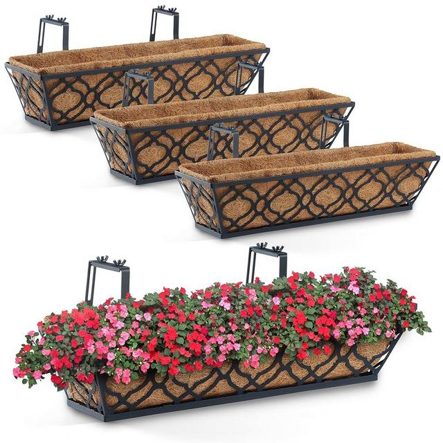 2B-GARDEN Window Deck Box Railing Planter Boxes with Coco Liner (Pack 4), 24'' Window Basket Deck Railing Planter Boxes, Weatherproof/Durable Metal Hanging Flower Planter for Outdoor Garden Fence Law