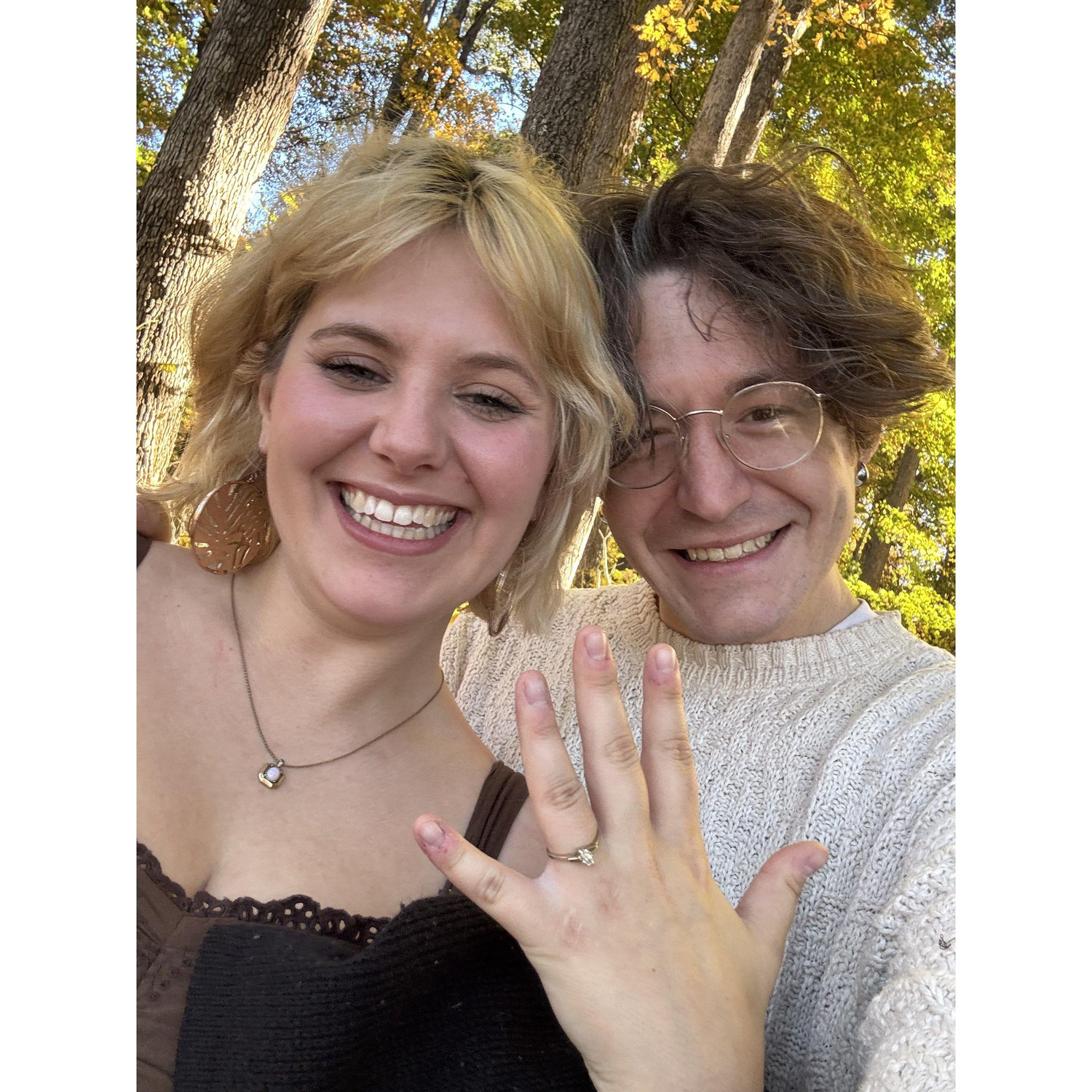 October 27, 2024. A week after our 7 year anniversary, we got ENGAGED! Ed took Maddie on a hike at Otter Creek Park outside of Louisville and popped the question at the overlook!
