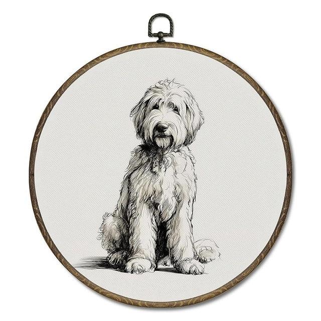 OINDADE Goldendoodle Dog Round Wall Art Decor, Vintage Black and White Golden Doodle Wall Art Hanging Decor, Gifts for Goldendoodle Lovers Framed Canvas Artwork for Living Room Bedroom, 10x10in