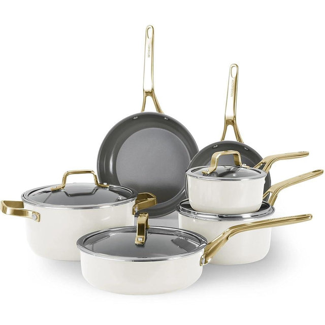 10-Piece Ceramic Nonstick Cookware Set with Lids - PFAS/PTFE/PFOA-Free, Interior & Exterior Ceramic Coating -Easy to Clean- Kitchen Storage-All Stovetop Compatible & Oven-Safe up to 480°F