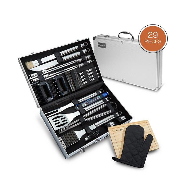 Vysta 29 Piece BBQ Tools Set - Barbecue Accessories with Carrying Case - Professional Grade Stainless Steel Grill Utensils - Spatulas, Tongs, Forks Skewers, Knives, Brushes and More