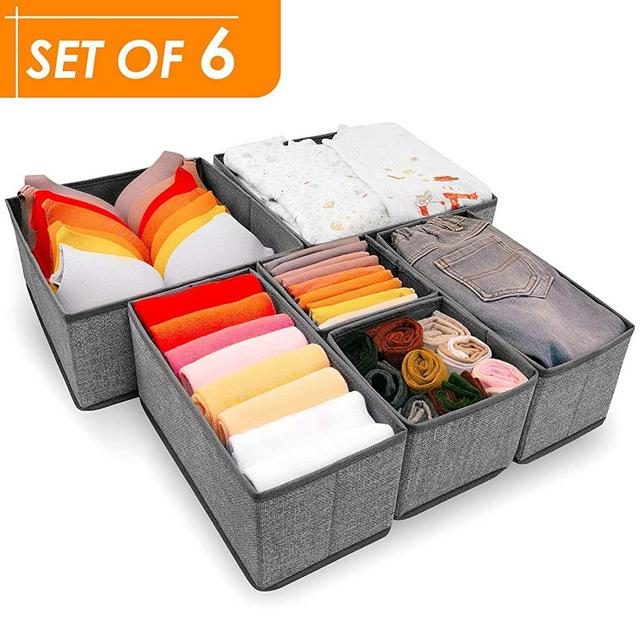 Criusia Underwear Drawer Organizer, 6 Set Foldable Underwear Drawer Organizer and Closet Dividers,Storage Box for Clothes, Socks, Underwear (6 Bins, Gray)