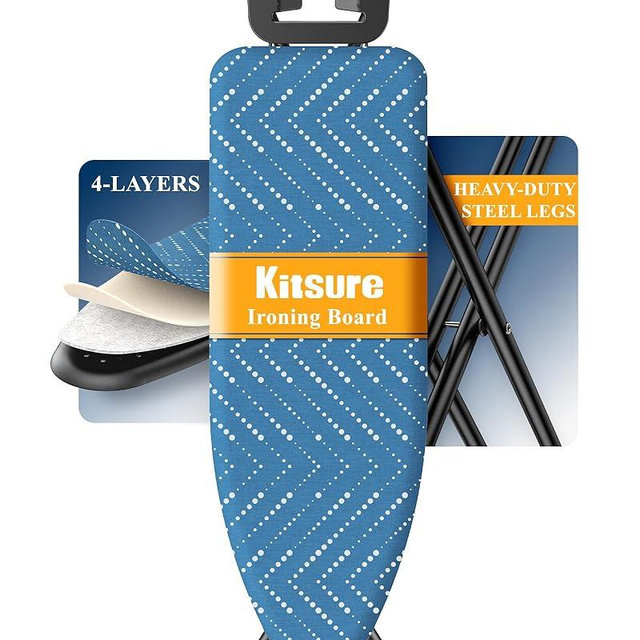 Kitsure Folding Ironing Board - Height Adjustable Iron Board in Full Size, Wobble-Free & Heavy-Duty Ironing Board with Cover and Pad for Heat Resistance, Blue, 43"L x 13"W x 35.8"H, Garment Steamer