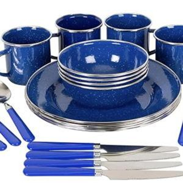 Stansport Deluxe 24-Piece Enamel Tableware Set - Enamel Plates and Bowls Lightweight and Durable Camp Dish Set for Camping and Backpacking Plates and Bowls for 4 People