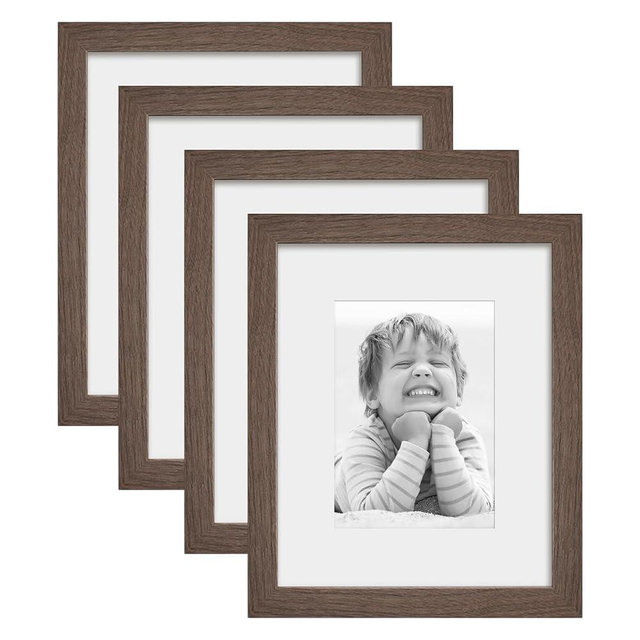 NWDCLF 8x10 Wooden Picture Frame Set of 4, Holds 5x7 Photos with Mat or 8x10 without Mat, Real HD Glass for Tabletop or Wall Mount, Picture Frames Collage Wall Décor, Malnut