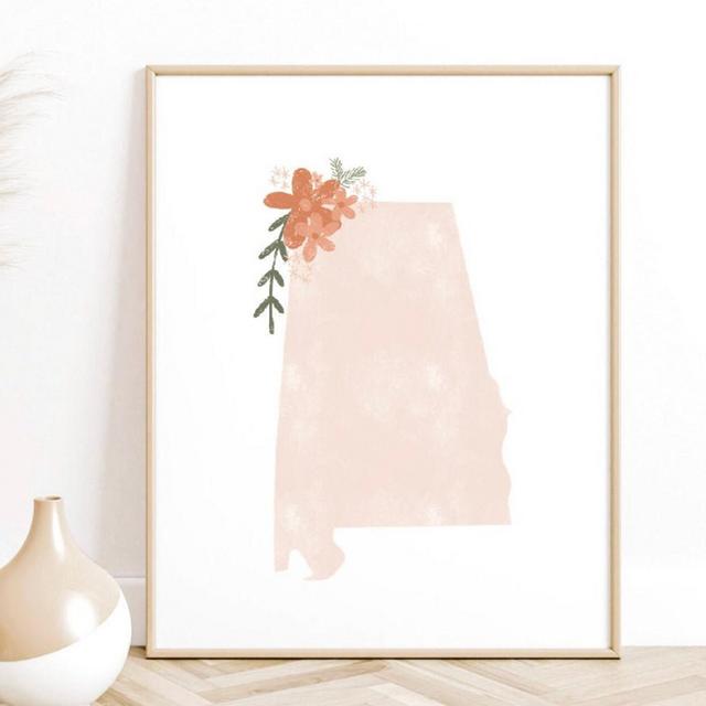 Alabama Blush with flowers state watercolor print, home decor, gift for Alabama fan, Birmingham art, Tuscaloosa gift, Huntsville, auburn