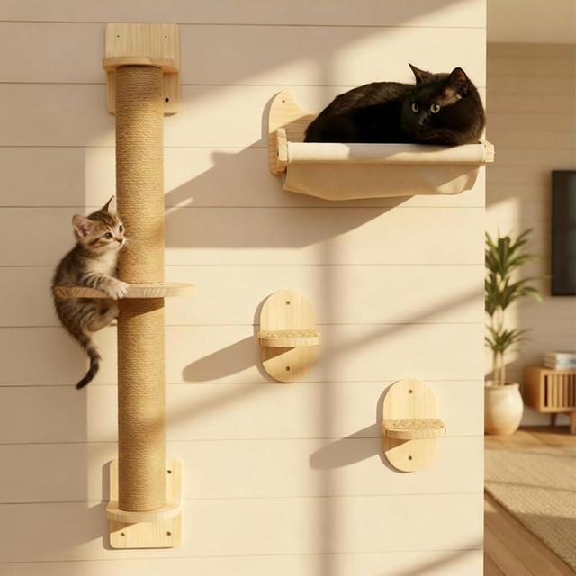 Pet Savvy 4-in-1 Window & Wall Mount Cat Wall Shelves – Hammock, Scratching Post & Perch | Fits up to 25 lbs | Space-Saving Pet Furniture for Windows, Glass & Drywall | Modern Wood Cat Shelf Set