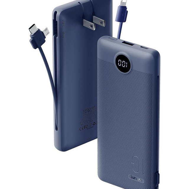 VRURC Portable Charger Built-in Cables and AC Wall Plug, USB C Power Bank 10000mAh, Travel Battery Portable Phone Charger Compact Lightweight External Battery Pack for Smart Phones, Tablets etc-Navy