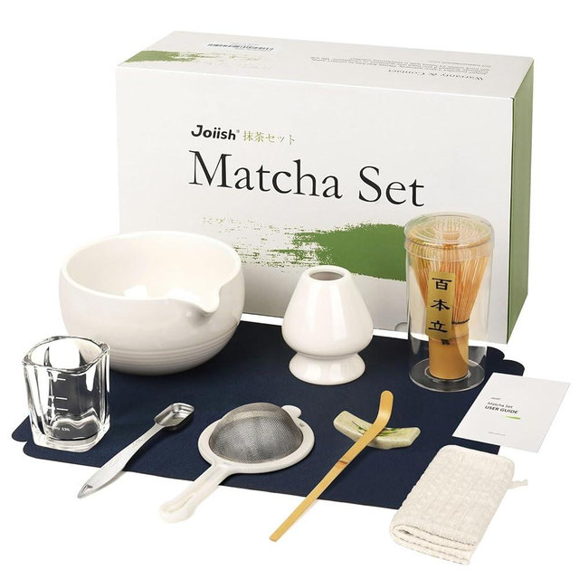 Joiish Matcha Tea Kit 10-Pcs Set, Whisk and Bowl with Spout & Measuring Spoon, Japanese Tea Making Tools, White