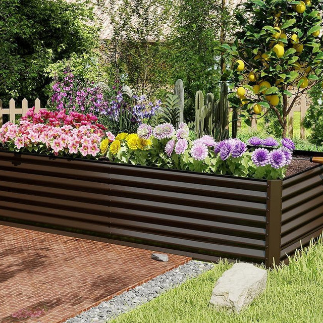 Domi 8×4×2 ft Galvanized Raised Garden Bed, Outdoor Planter Garden Boxes Large Metal Planter Box for Gardening Vegetables Fruits Flowers, Brown