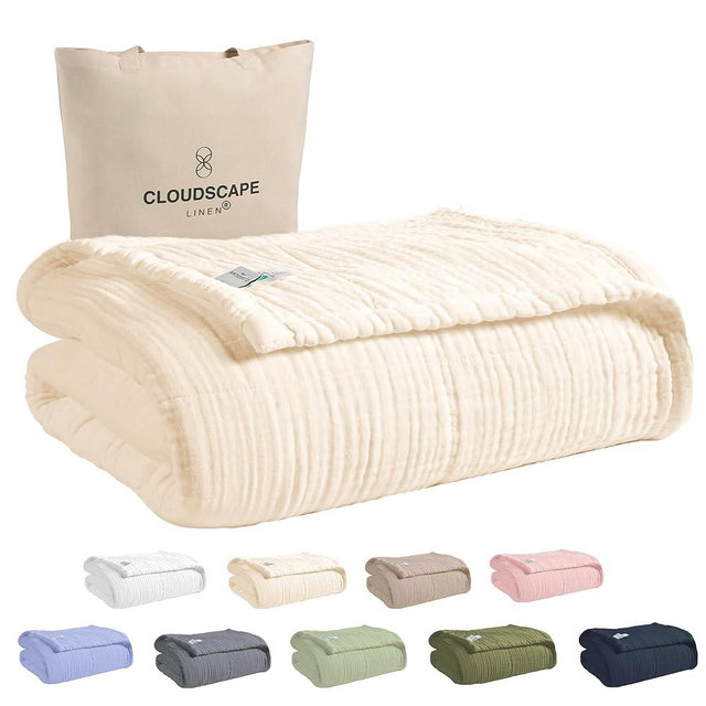 Cloud Scape Linen 100% 8 Layer Cotton Muslin Blanket King Size for Adult, Lightweight & Breathable, All Season Oversized Blanket for Bed, fits California King, 92x108, Ivory