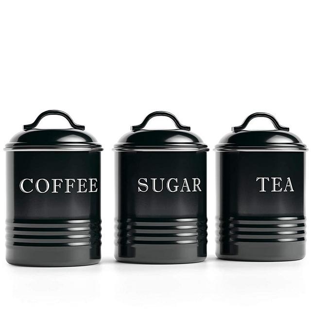 Barnyard Designs Airtight Kitchen Canister Decorations with Lids, Black Metal Rustic Farmhouse Country Decor Containers for Sugar Coffee Tea Storage (Set of 3) (4” x 6.75”)