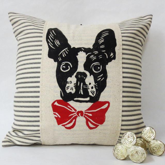 Hand Block Printed Boston Terrier Pillow