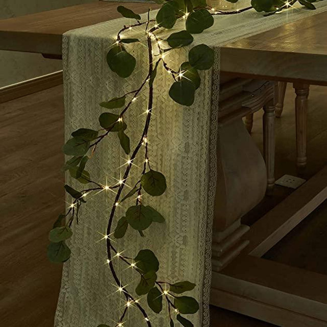 Hairui Lighted Artificial Eucalyptus Garland 6FT 96 LED Battery Operated Faux Vine Lights with Timer for Wedding Backdrop Arch Wall Decor