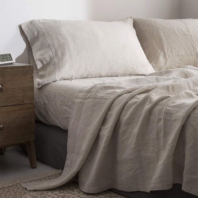 Simple&Opulence 100% Washed Linen Sheet Set-Full Size-Natural France Flax Bed Sheet-4 Pcs Breatherable,Ultra Soft,Farmhouse Bedding (1 Flat Sheet,1 Fitted Sheet,2 Pillowcases)-Embroidery Linen