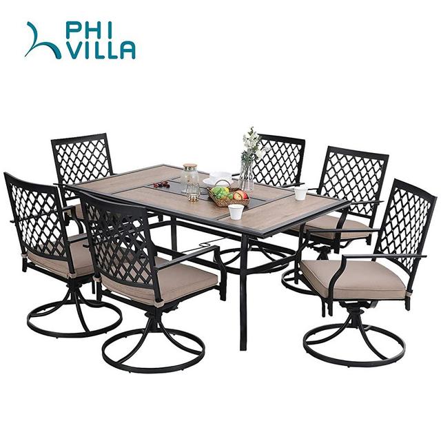 PHI VILLA Outdoor Patio Dining Set of 7 Metal Furniture Set, 6 Swivel Chairs with 1 Rectangular Umbrella Wood Like Table for Outdoor Lawn Garden, Black