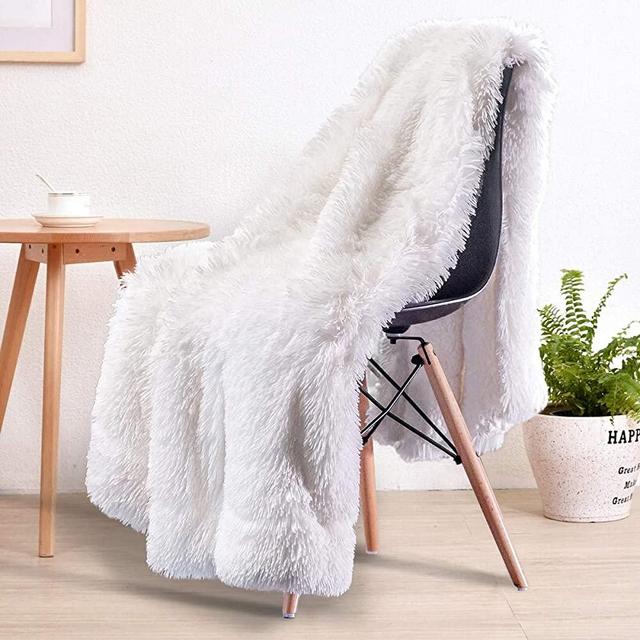 LOCHAS Super Soft Shaggy Faux Fur Blanket, Plush Fuzzy Bed Throw Decorative Washable Cozy Sherpa Fluffy Blankets for Couch Chair Sofa (Pure White 60" x 80")