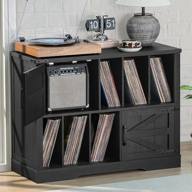 Joaxswe Large Record Player Stand with Vinyl Storage Up to 450 Albums, 39 Inch Farmhouse Wood Black Vinyl Records Storage Cabinet with Barn Doors, Mid-Century Modern Turntable Stand for Living Room