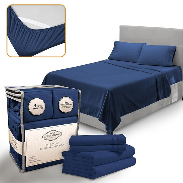 Abeero Home Queen Sheet Set - Luxury Hotel Bed Sheets - Soft Cooling Sheets with Elastic Corner Straps - Deep Pocket Microfiber Bedsheet - Bedding Sheets & Pillowcases - 4 PC (Queen Size, Navy Blue)