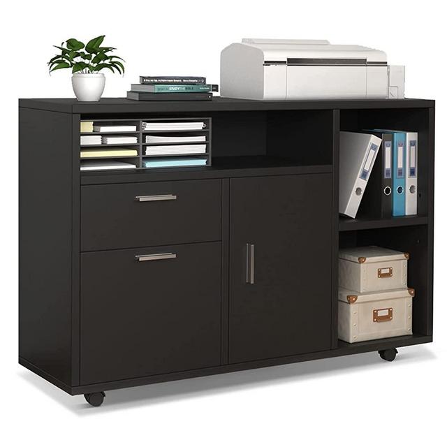 Office File Cabinet, 2 Drawer Mobile Filing Cabinet Printer Stand with 3 Open Storage Shelves and Wheels for Home Office