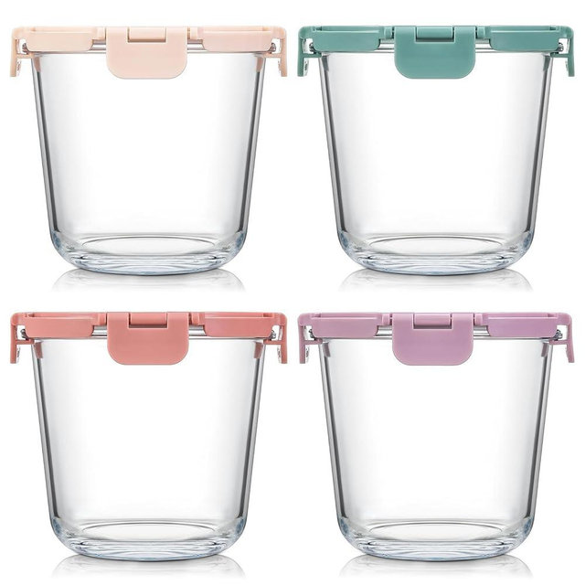 Upgraded Lid​​ - 3 Cup Glass Meal Prep Containers with Lids, 4 SET Food Storage Bowl Jars for Leftover Lunch Meal Oats Salad Soup Fruit Snack Yogurt - Microwave, Oven, Freezer Safe, BPA Free, Airtight
