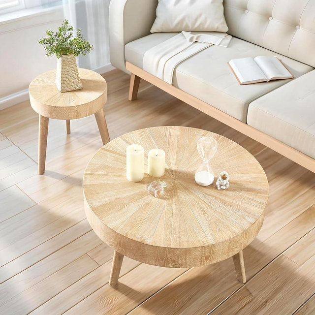DS-HOMEPORT Nesting Round Oak Wood Coffee Table Set of 2 for Living Room - Wooden Circle Coffee Table ＆ Farmhouse End Table Side Tables for Apartment (Light Brown,31x31x14 in)