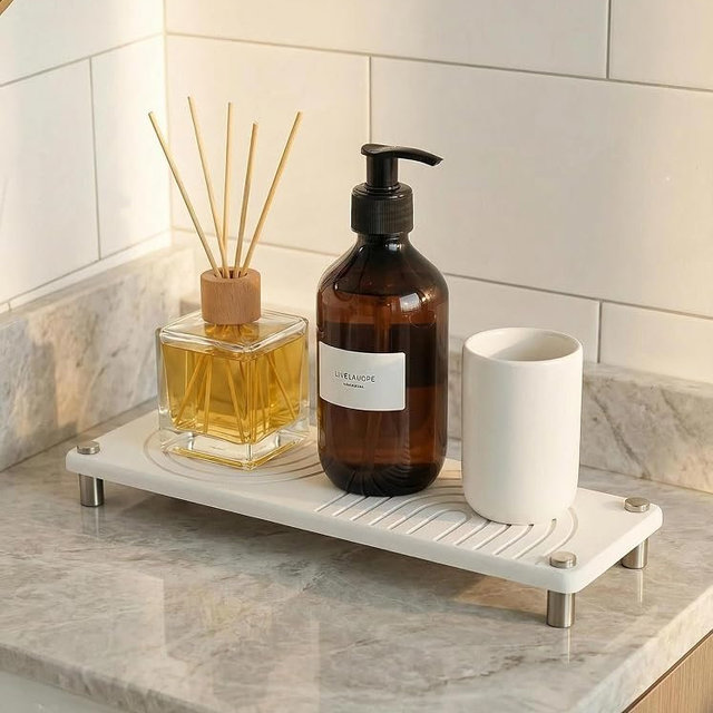Diatomite Sink Tray - Zen Design Bathroom Counter Tray for Soap, Toothbrush & Skincare, Water Absorbing Stone Tray for Sink Fast Drying and Non-Slip (White)