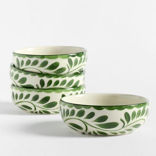 Puebla Porcelain Soup Bowls, Set of 4 - Green/White