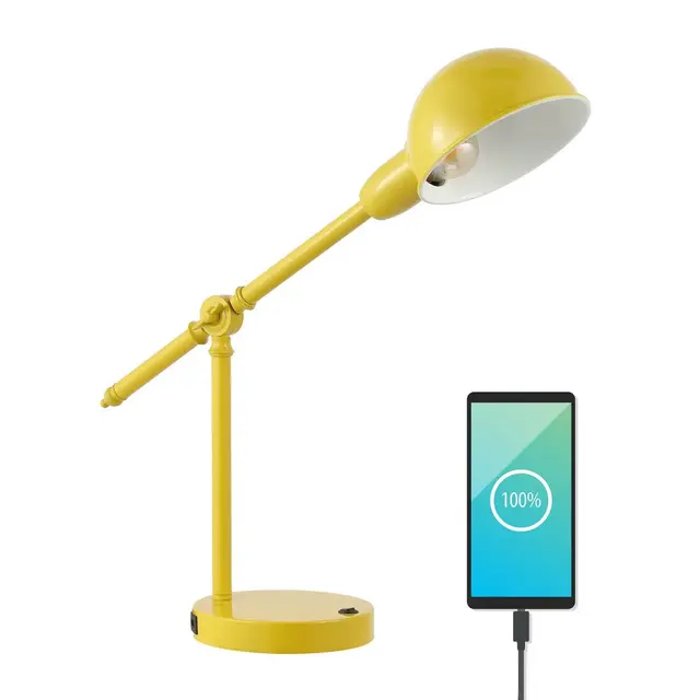 20.25" Curtis Vintage Industrial Iron Adjustable Dome Shade Task Lamp with USB Charging Port Yellow - JONATHAN Y