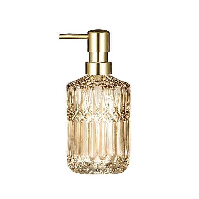 TISUZXCV Diamond Design 12 Oz Green Glass Soap Dispenser,Refillable Lotion Soap Dispenser for Bathroom, Kitchen, Hand Soap, Dish Soap ,Shampoo , Ideal for Bathroom Countertop. (Clear Gold)