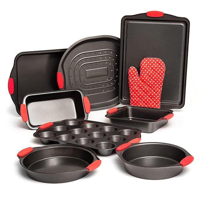 8 Piece Baking Pans Set, Oven Safe Baking Sheet Set Carbon Steel Non-Stick PTFE Coating, Bakeware Set With Heat Red Silicone Handles, Black Baking Trays For Oven By Moss & Stone
