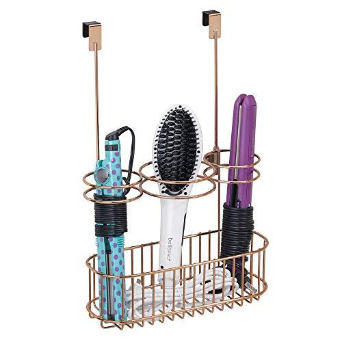 mDesign Over Door Bathroom Hair Care & Hot Styling Tool Organizer Storage Basket for Hair Dryer, Flat Iron, Curling Wand, Hair Straightener - Hang Inside/Outside Cabinet Doors, 3 Sections - Rose Gold