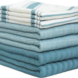 Premium Kitchen Towels 20”x 28”- 6 Pack| Large Cotton Kitchen Towels | Hand Towels for Kitchen | Flat & Terry Towel | Dish Towels | Highly Absorbent Tea Towels Set with Hanging Loop | Aqua Striped
