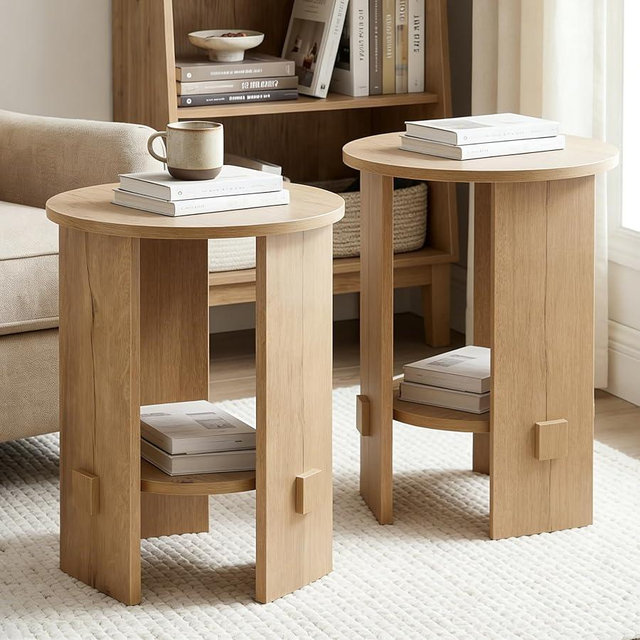 DM Furniture Round End Table with 2-Tier Storage Set of 2, 15.5” Small Side Table for Living Room, Modern Nightstand with Open Shelf, Compact Accent Table for Bedroom, Sofa Side, (Natural)