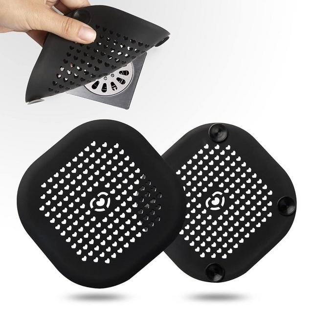 2 Pack Shower Drain Hair Catcher Black Bathroom Accessories Durable Silicone Drain Cover Hair Stopper with Suction Cups for Shower Kitchen Bathroom Small Heart Shape