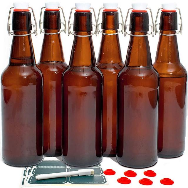 Otis Classic Swing Lid Glass Bottles with Lids Flip Stoppers for Second Fermentation Kombucha Water Kefir Brewing Beer Set of 6 16 oz Amber