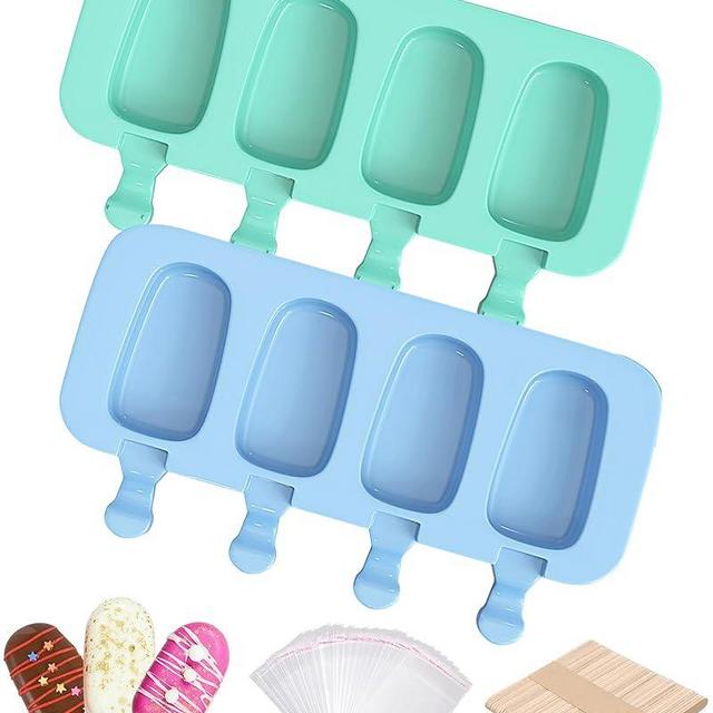Ouddy Life Popsicle Molds Set of 2, Ice Pop Molds Silicone 4 Cavities Ice Cream Mold Oval Cake Pop Mold with 50 Wooden Sticks for DIY Popsicle, Green Blue