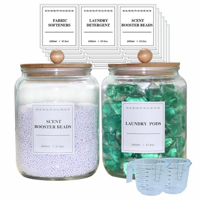 TAAMOG 2 Pack Half Gallon Glass Jars For Laundry Room Organization And Storage, Laundry Pods Container With 18 Pre-Printed Labels, Bamboo Lids Airtight Seal,2 Measuring Cup