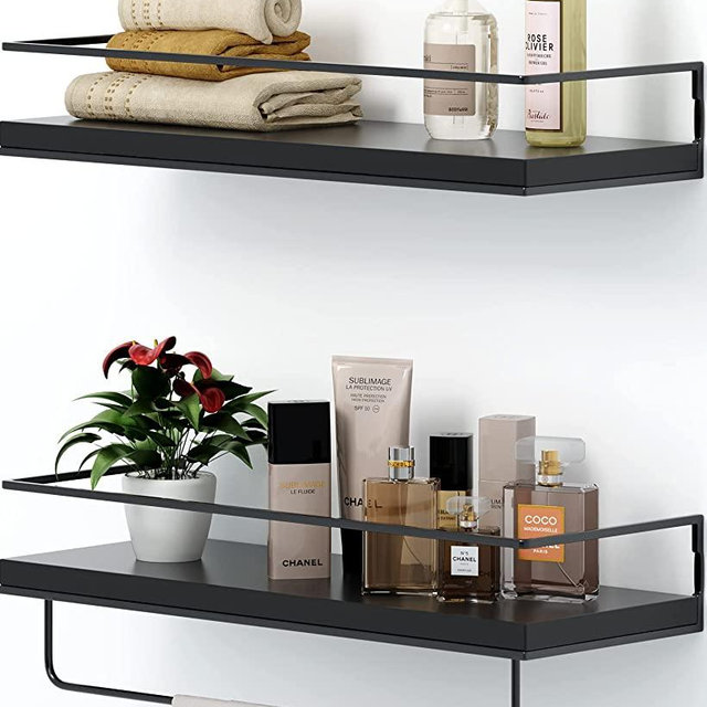 SHARIO Black Wood Floating Shelves - Set of 2, Wall Mounted Hanging Shelves with Black Towel Rack, Decorative Storage Shelves for Bathroom, Kitchen, Living Room & Bedroom